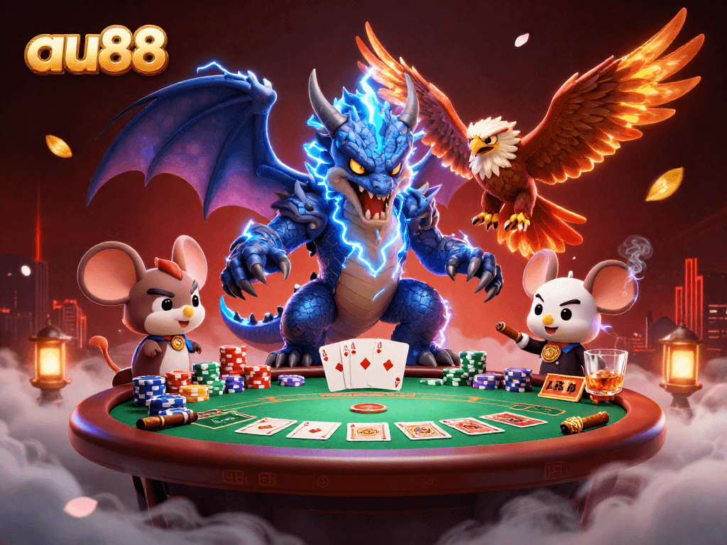 Engage in thrilling poker with au88's electrifying gaming scene featuring vibrant characters and game elements.