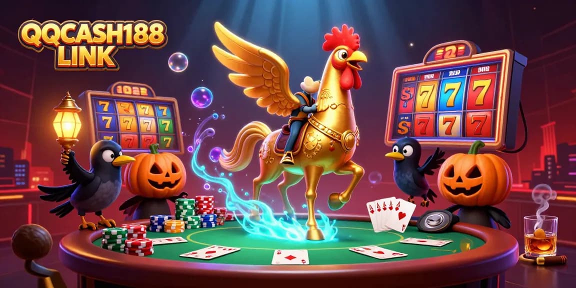 Experience the thrill of gaming with the QQCASH188 LINK showcasing a golden rooster in a vibrant casino scene.