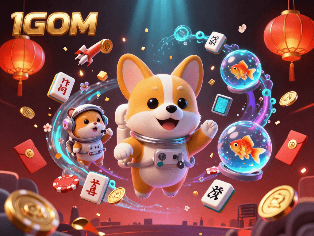 1GOM brings excitement to players in a vibrant digital casino scene filled with floating poker chips and coins.