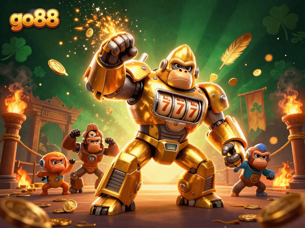 Experience thrilling wins with go88 in an exciting casino-themed 3D illustration featuring a golden gorilla mech.