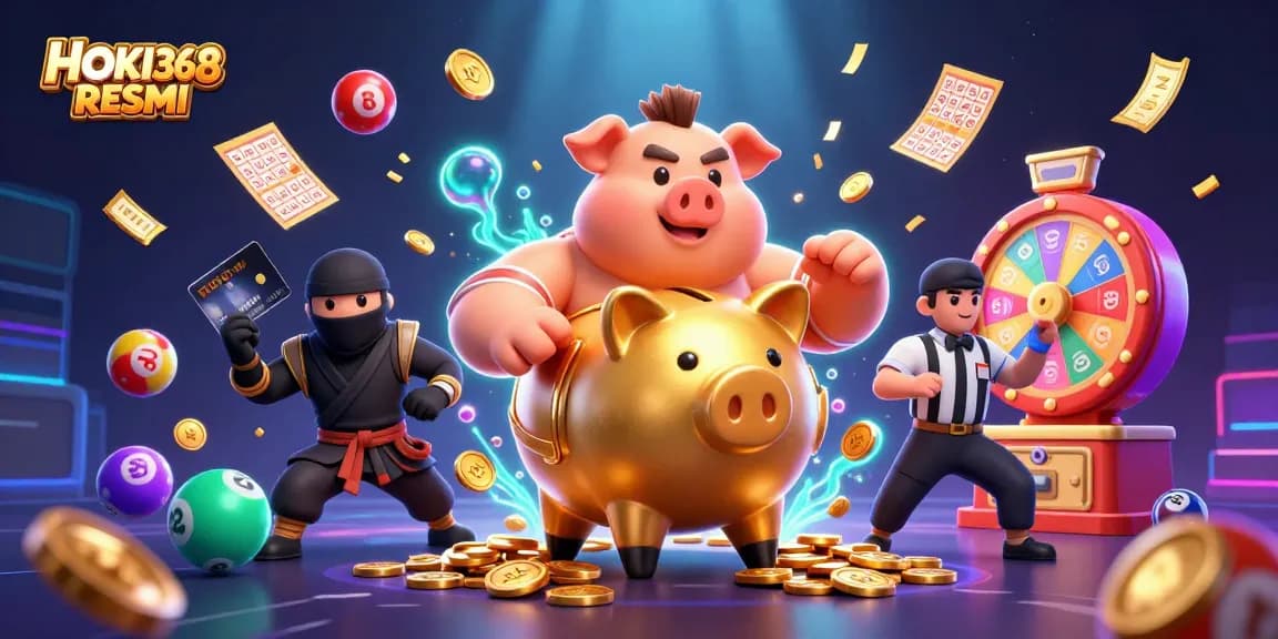 Engage with HOKI368 RESMI's thrilling slots with a dynamic action scene featuring a golden piggy bank sumo wrestler.