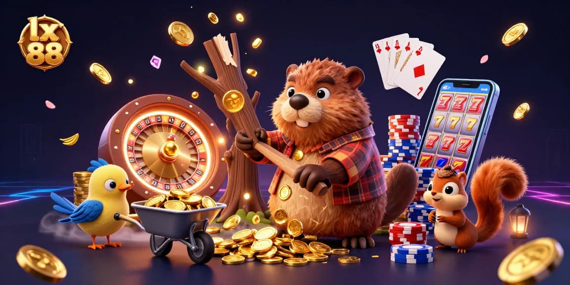 Experience the excitement of winning at lx 88 with playful characters amidst cascading coins and vibrant casino elements.