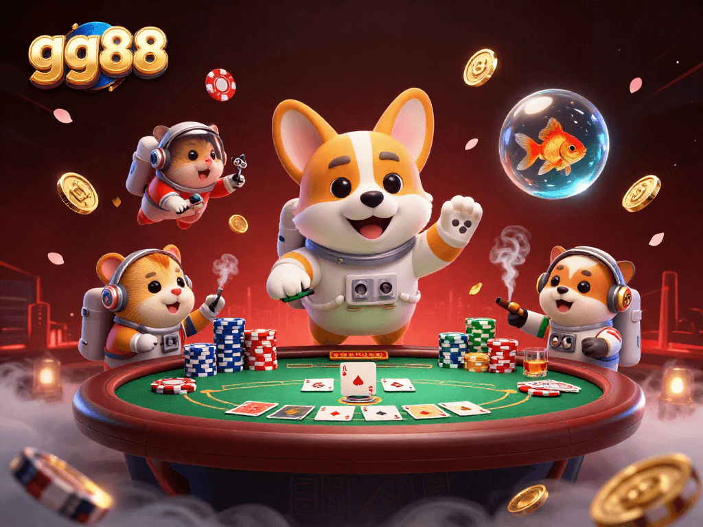 Watch the gg88 mascot characters enjoying a lively game in a space casino.