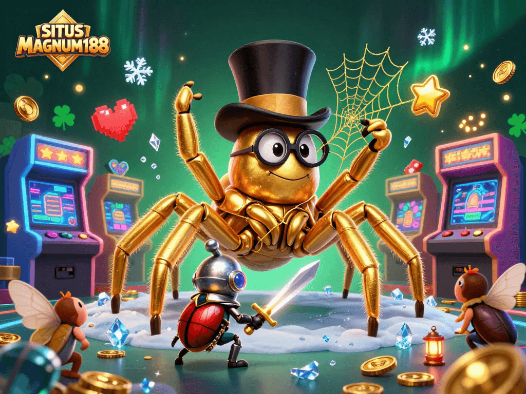 SITUS MAGNUM188 offers thrilling adventures with cartoon characters battling amidst vibrant casino elements.