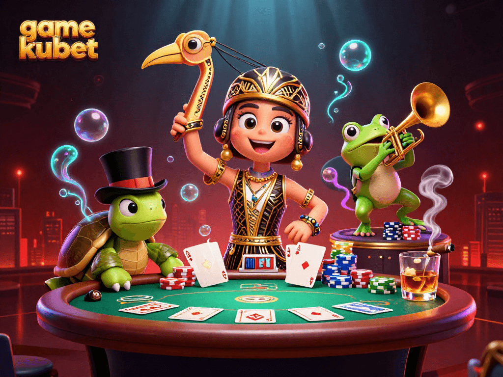 Experience game kubet with vibrant 3D characters at a lively casino scene filled with poker excitement.