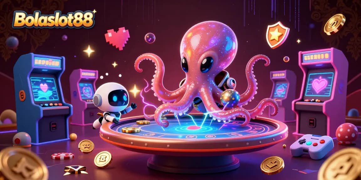 Engage in thrilling gameplay at Bolaslot88 with an alien octopus dealing cards at a vibrant poker table.