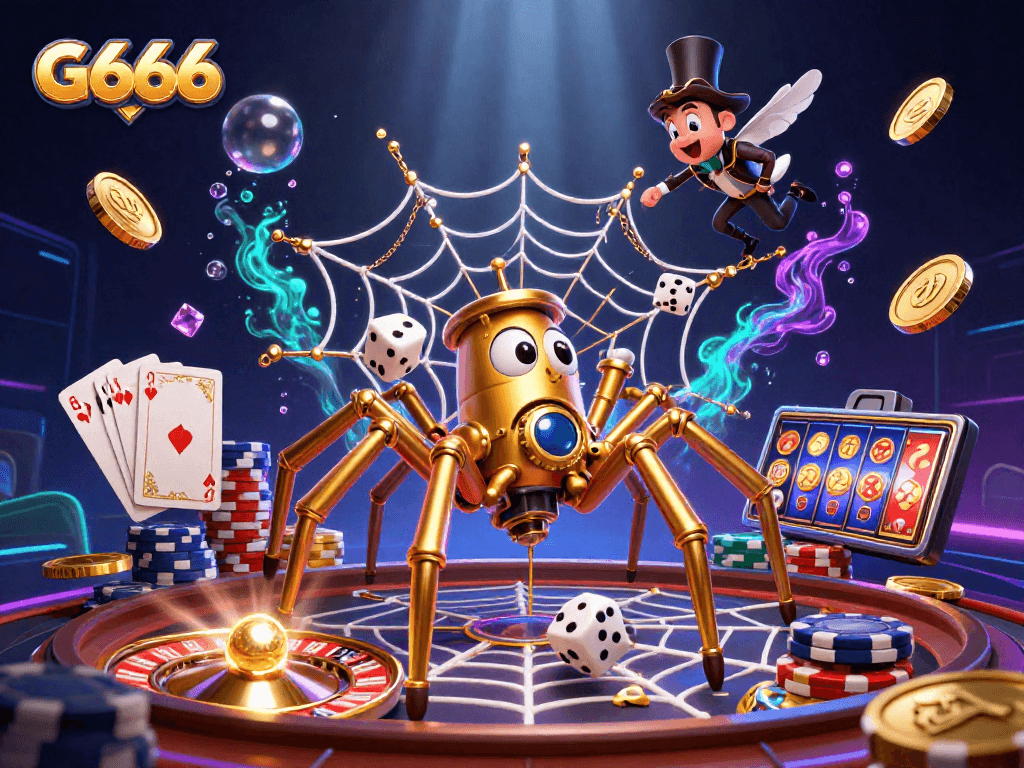 Engage with G666's dynamic casino scene featuring steampunk elements, vibrant coins, and immersive gaming action.