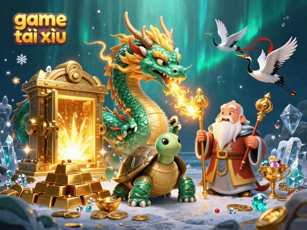Experience thrilling game tài xỉu with a dragon breathing fire, surrounded by treasures and lucky symbols.