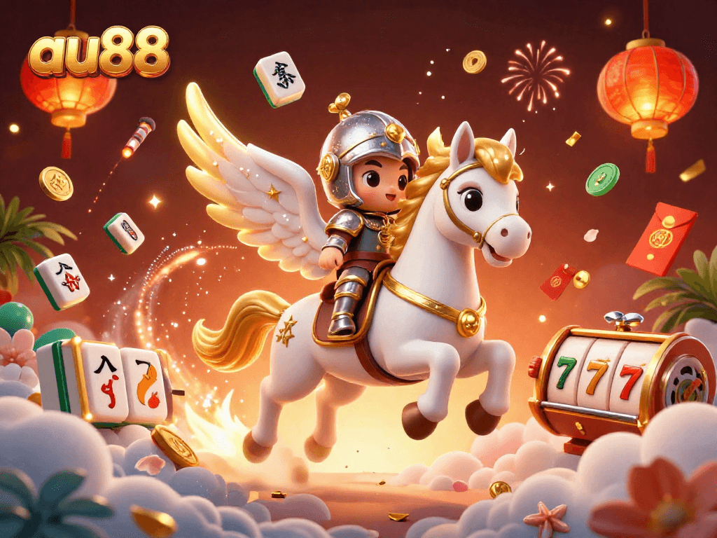 Experience thrilling gaming adventures with au88 featuring a knight riding a flying horse amidst vibrant slot elements.