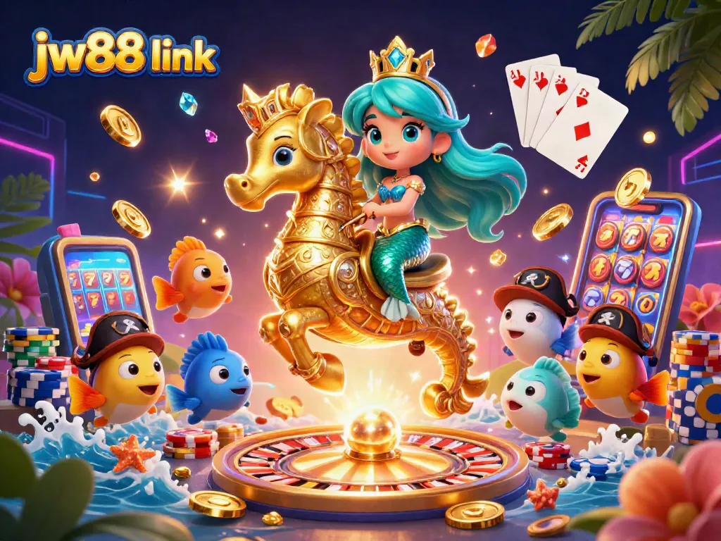 Experience the thrill of winning at JW88 link with this vibrant casino scene featuring a mermaid and seahorse.