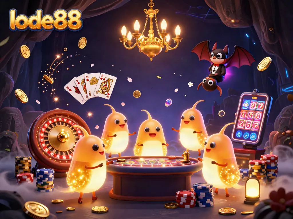 Experience thrilling casino action with lode88's vibrant 3D glowworm illustration, showcasing exciting games.