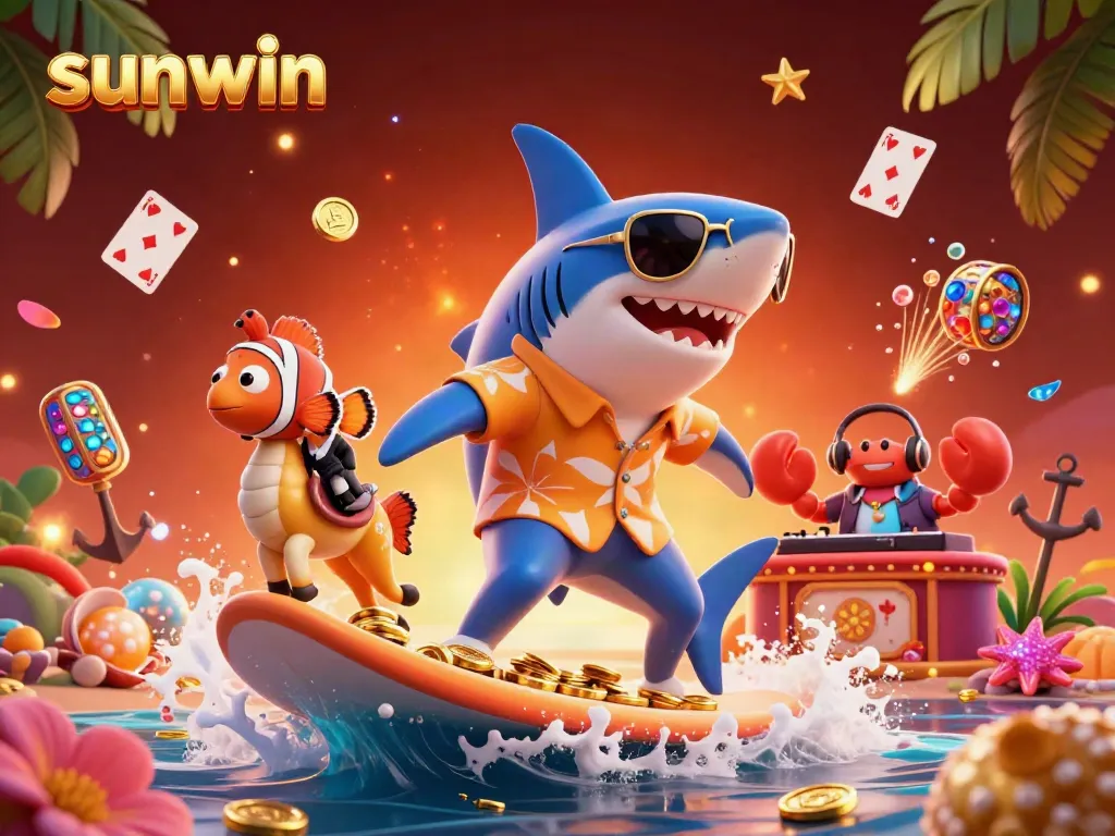 Engage with sunwin's vibrant casino experience through a playful scene featuring animated characters and colorful gaming elements.