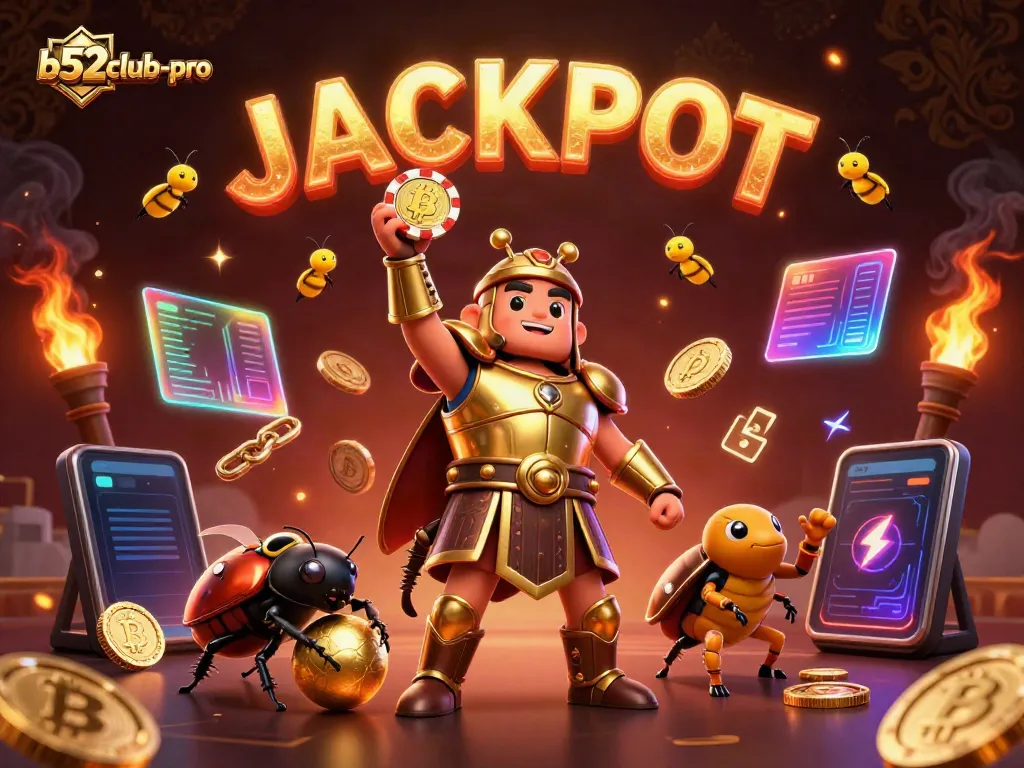 A victorious b52club-pro themed beetle celebrates with poker chips and golden elements in an immersive casino scene.