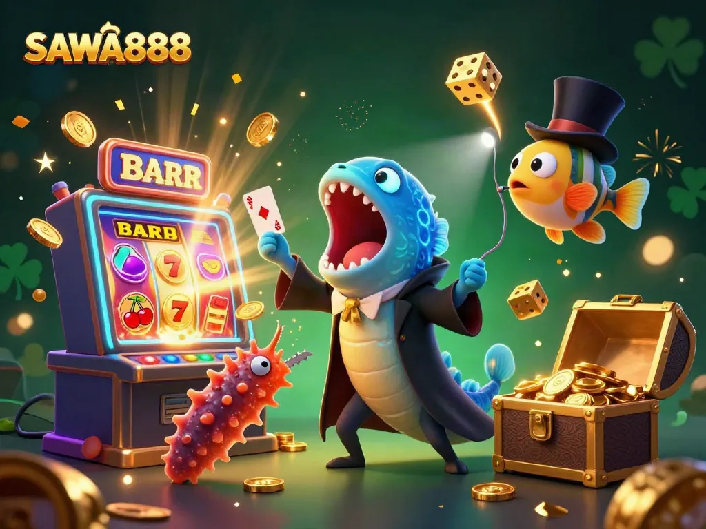 Experience thrilling card tricks with SAWA888’s enchanting sea creatures in a vibrant casino scene.