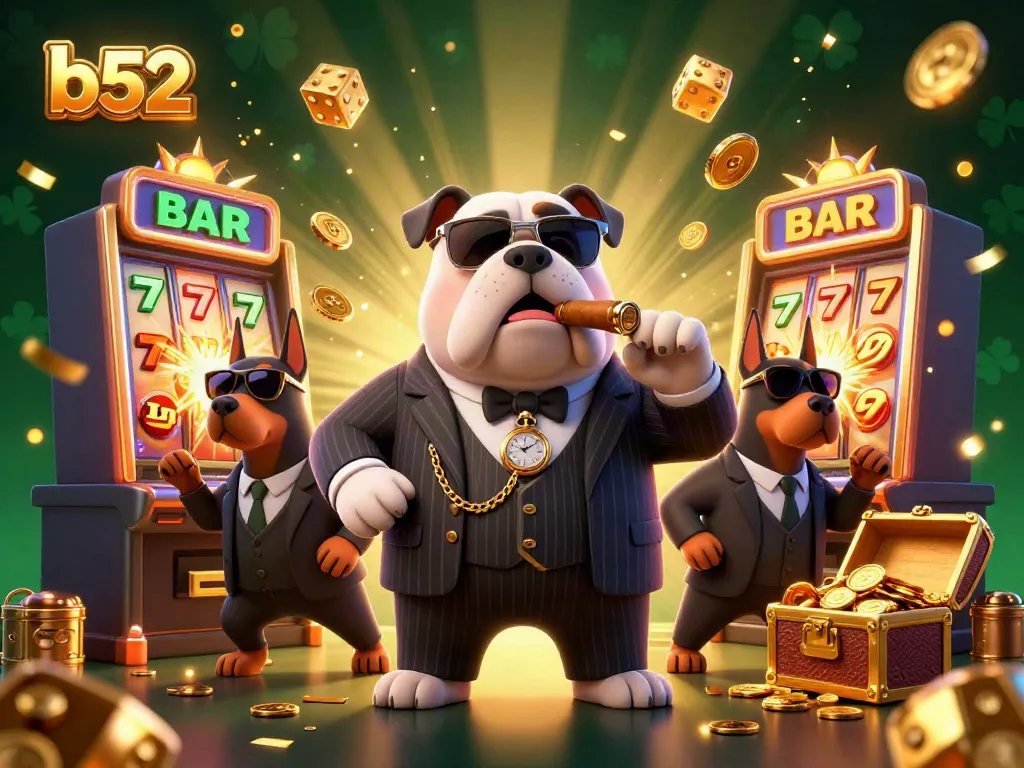 Experience the vibrant b52 casino excitement with a mafia boss bulldog and bodyguard Dobermans amidst slot machines.