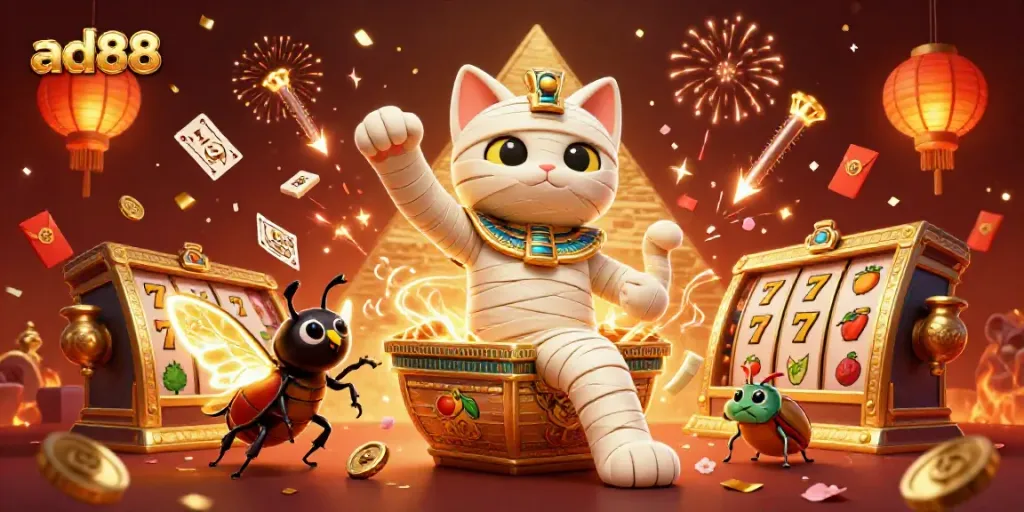 Experience the thrill of gaming at ad88 with an Egyptian mummy cat and vibrant casino elements.
