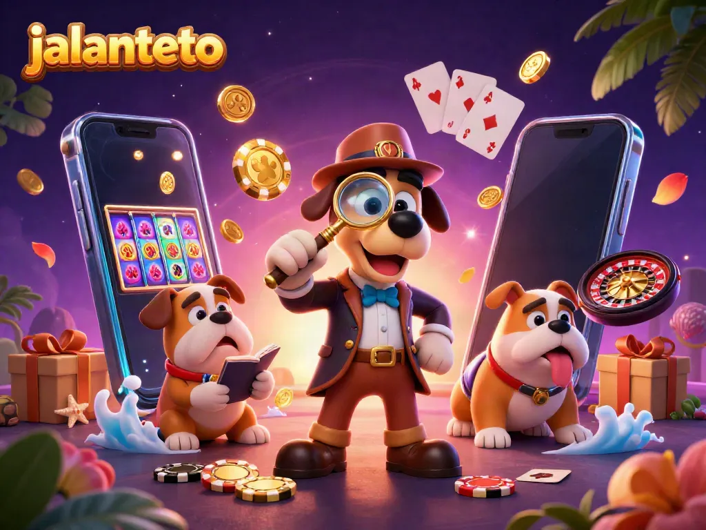 Engage with jalantoto's exciting gambling scene featuring a detective and bulldog amidst gaming elements.