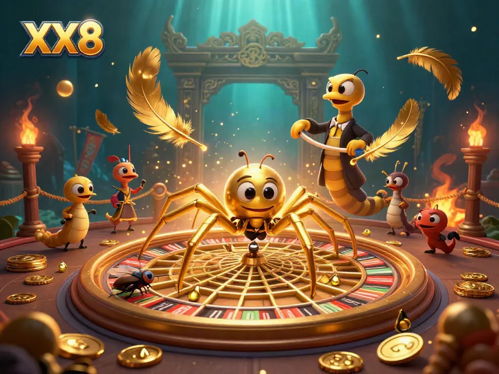 Engage with the thrilling XX8 casino scene featuring a golden spider, roulette wheel, and bet-placing fly.