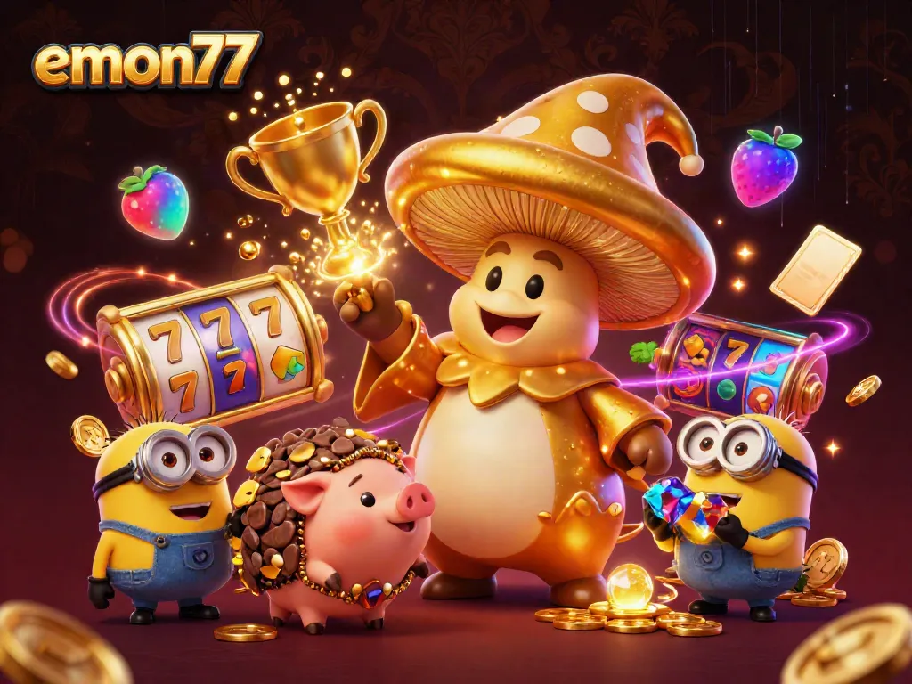 Experience winning thrills with emon77's vibrant 3D illustration showcasing a magical golden mushroom wizard and gaming elements.