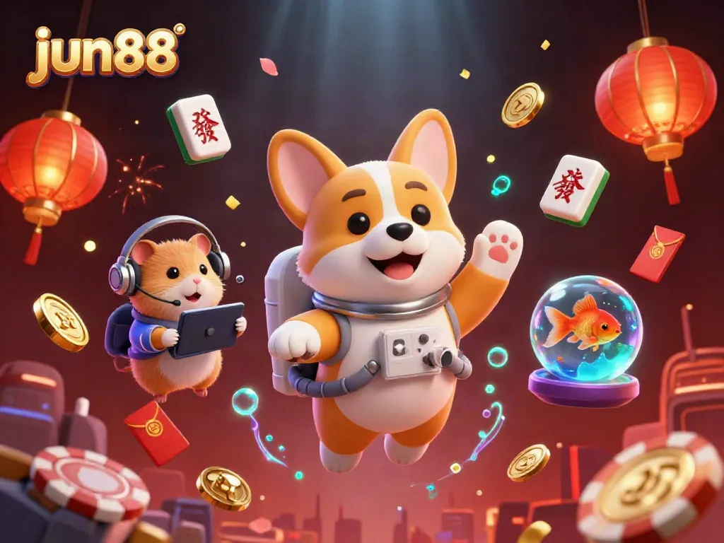 Capture the excitement of virtual gaming with jun88's playful astronaut corgi in a vibrant casino scene.