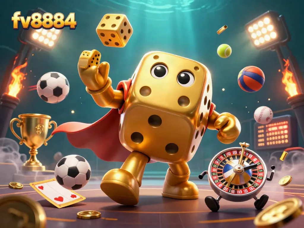 Engaging visual of fv8884 with dynamic casino elements, showcasing a creative 3D cartoon dice golem.