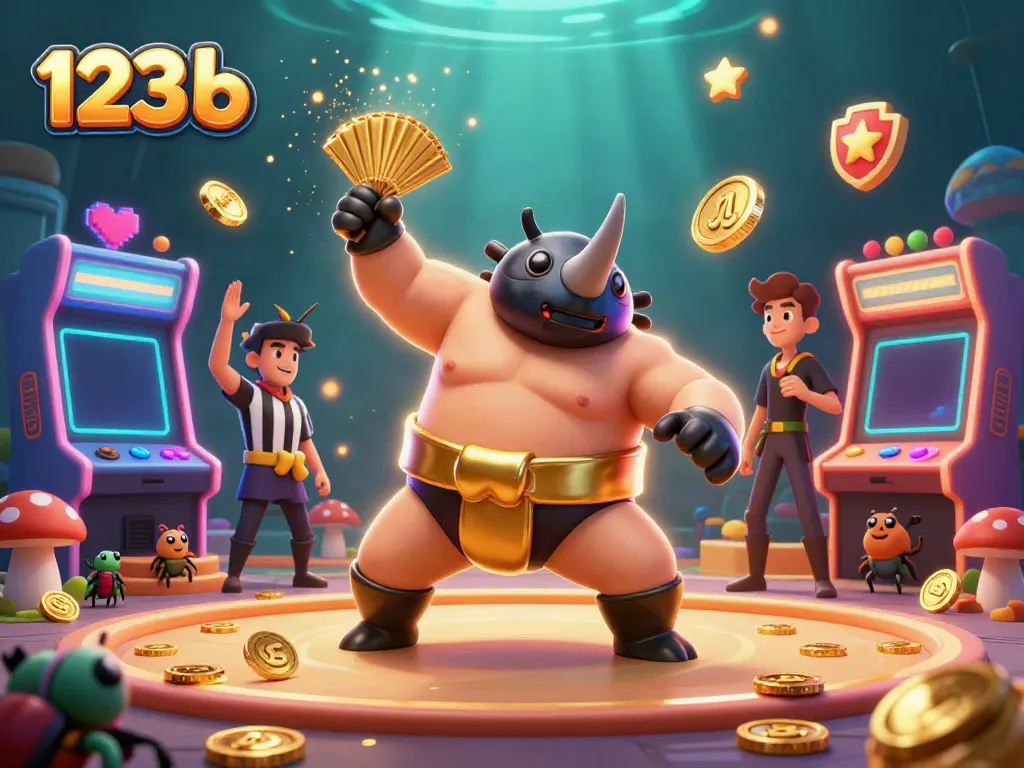 Experience the excitement of 123 b as a sumo champion beetle stomps to win golden coins in a vibrant casino.