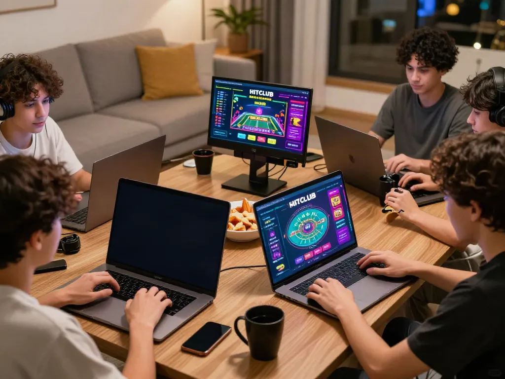 Engaged players enjoying HITCLUB online gaming platform with colorful interfaces in a cozy living room.