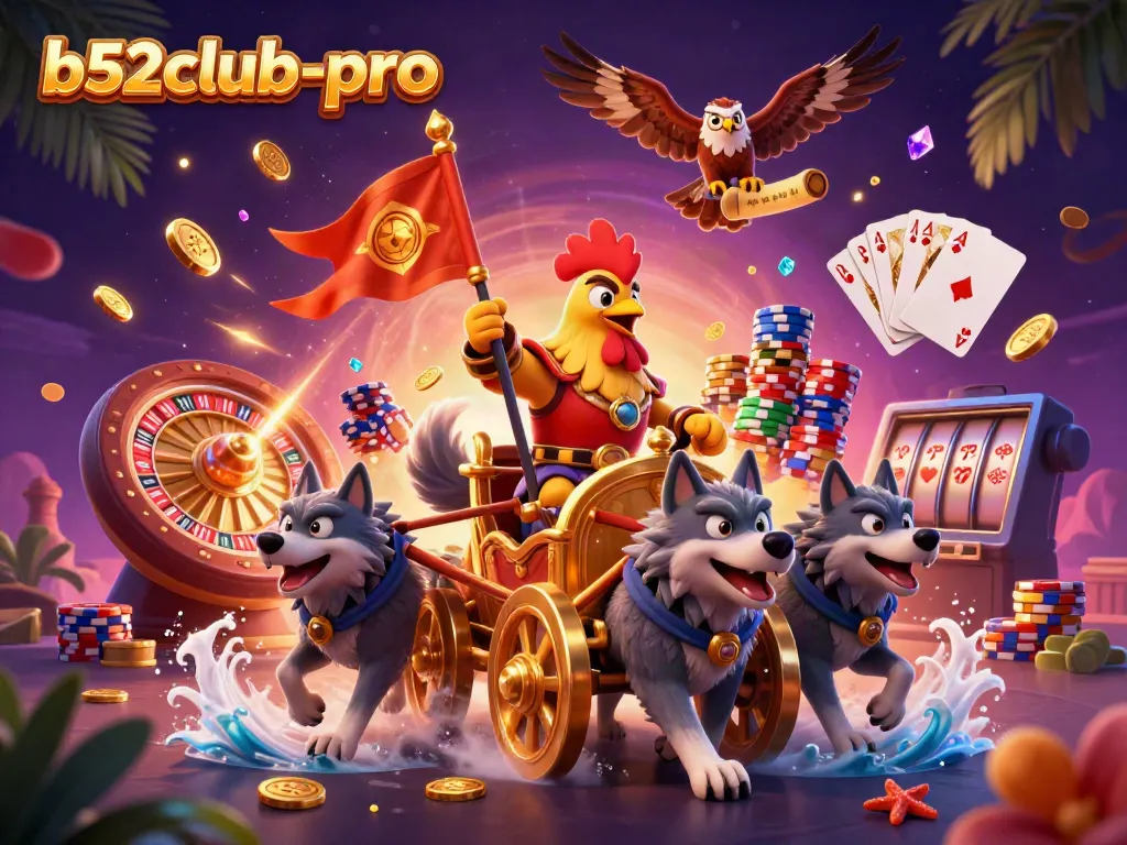 Exciting scene showcasing b52club-pro with a rooster warlord and golden chariot amid casino elements.