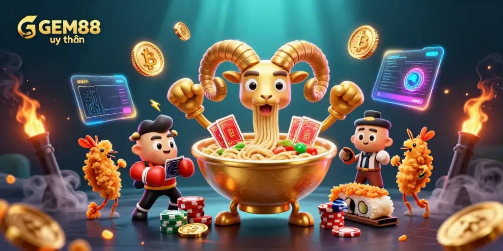 Experience the excitement of GEM88 uy tín with a vibrant 3D casino-themed illustration featuring unique characters and crypto elements.