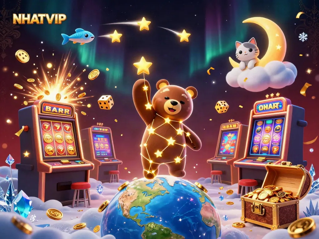 Experience thrilling wins with NHATVIP through animated characters in a vibrant casino scene.