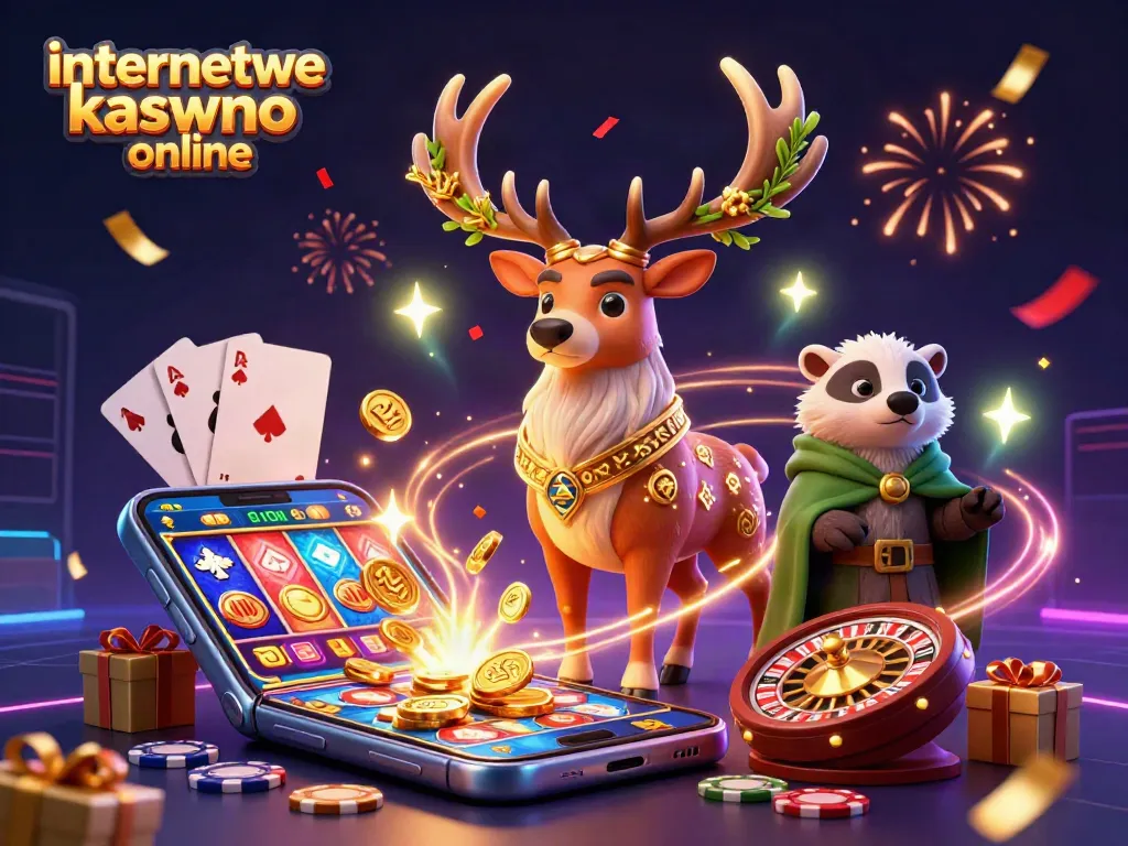 Experience the excitement of internetowe kasyno online with a dynamic 3D casino scene featuring slots, games, and mystical characters.