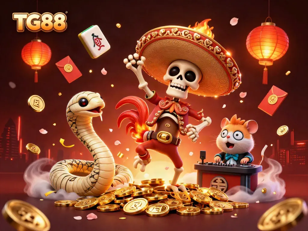 Experience thrilling action at TG88 with a vibrant 3D scene of casino characters celebrating victory among golden coins and festive elements.