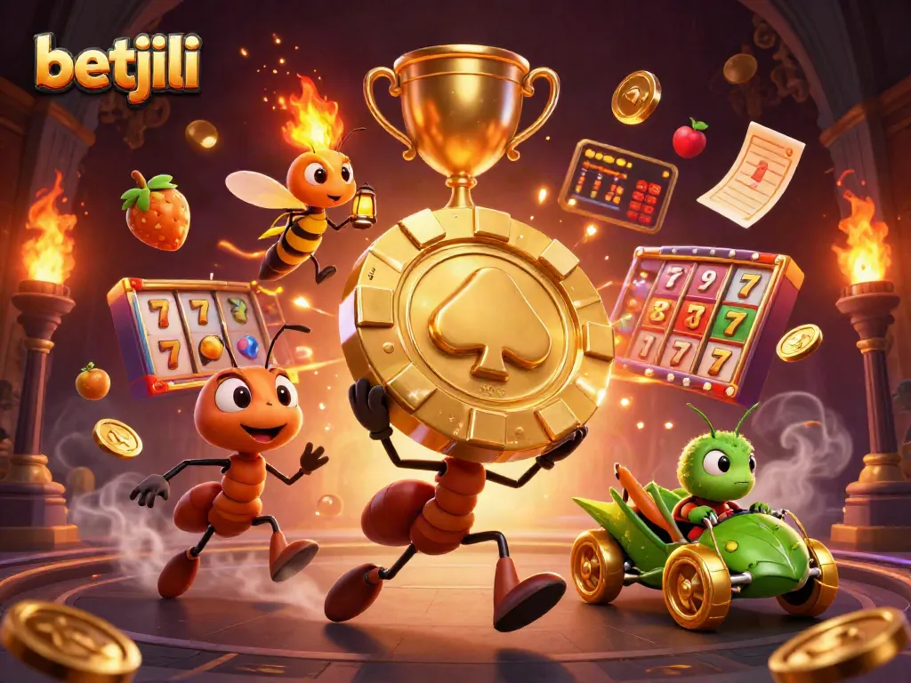 Experience the excitement of betjili with 3D ants heist scene showcasing slots and lively casino elements.