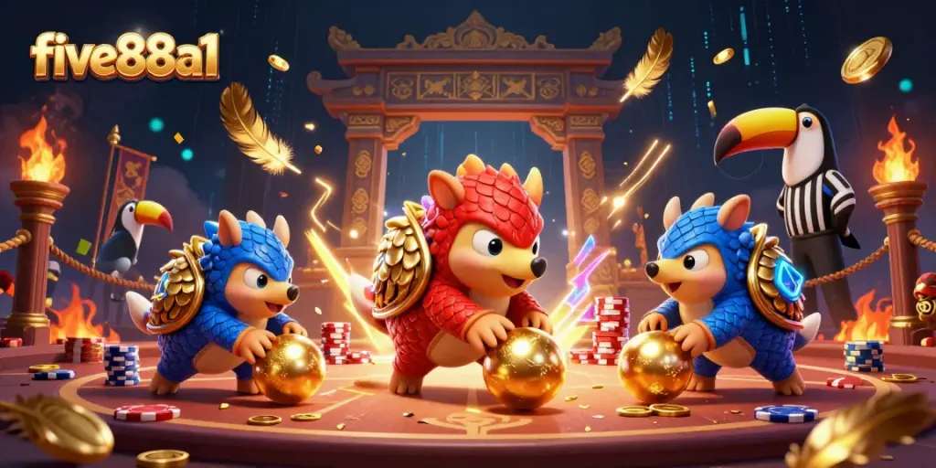 Engage in thrilling gameplay with five88a1 as rival pangolins roll into golden balls amidst vibrant casino elements.