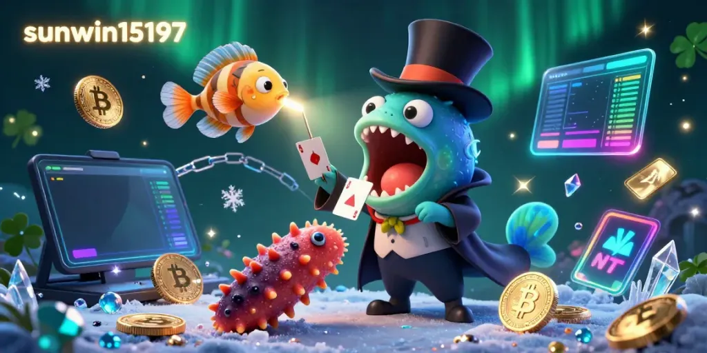 Experience the magic of sunwin15197 in a vibrant underwater casino, featuring a unique cast of sea creatures performing dazzling tricks with neon cryptocurrency.