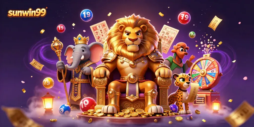 Engaging scene featuring sunwin99 with a lion king and lottery elements, emphasizing dynamic gambling excitement.