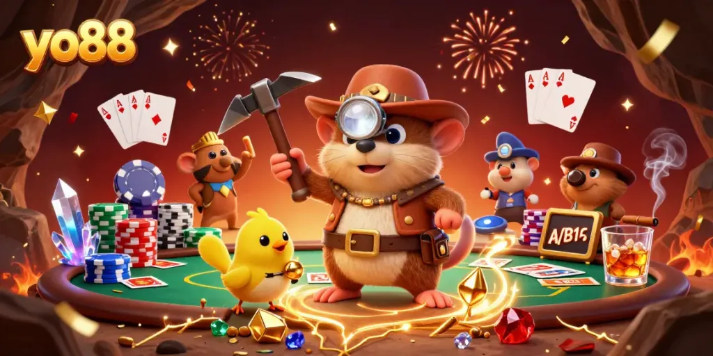 Experience thrilling wins with yo88 in this vibrant 3D cartoon casino illustration.