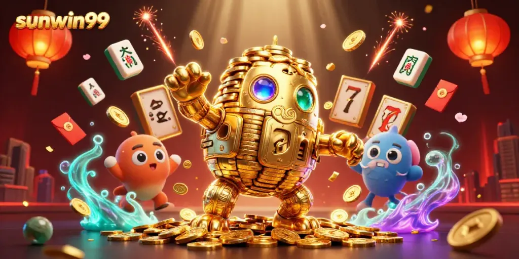 Experience the excitement at sunwin99 with a golden golem and vibrant casino elements