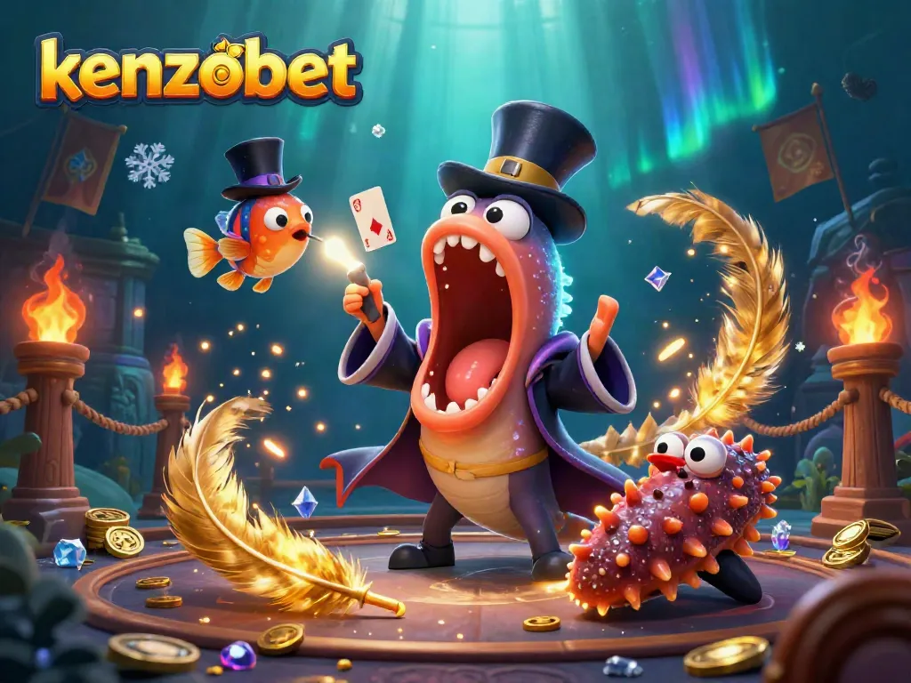Kenzobet gaming magic with deep-sea creatures performing card tricks amidst sparkling casino elements.