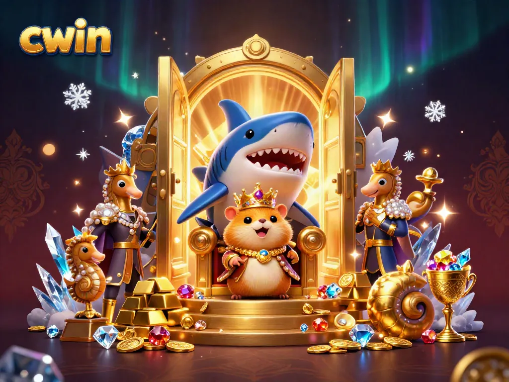 Cwin's vibrant casino illustration showcases a golden hamster king amidst treasure and seahorse guards.