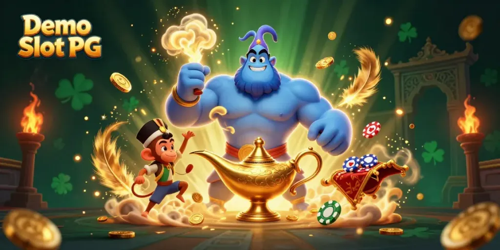 Experience the excitement of Demo Slot PG with mystical characters in a vibrant casino-themed scene.
