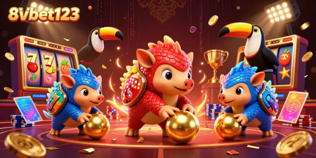 Experience the excitement of 8xbet123 with rival pangolins battling through slots and poker chips in this vibrant illustration.