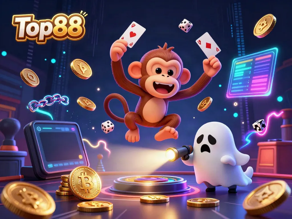 Engaging Top88 scene with a ghost-hunter puppy tracking a mischievous monkey juggling golden casino elements.