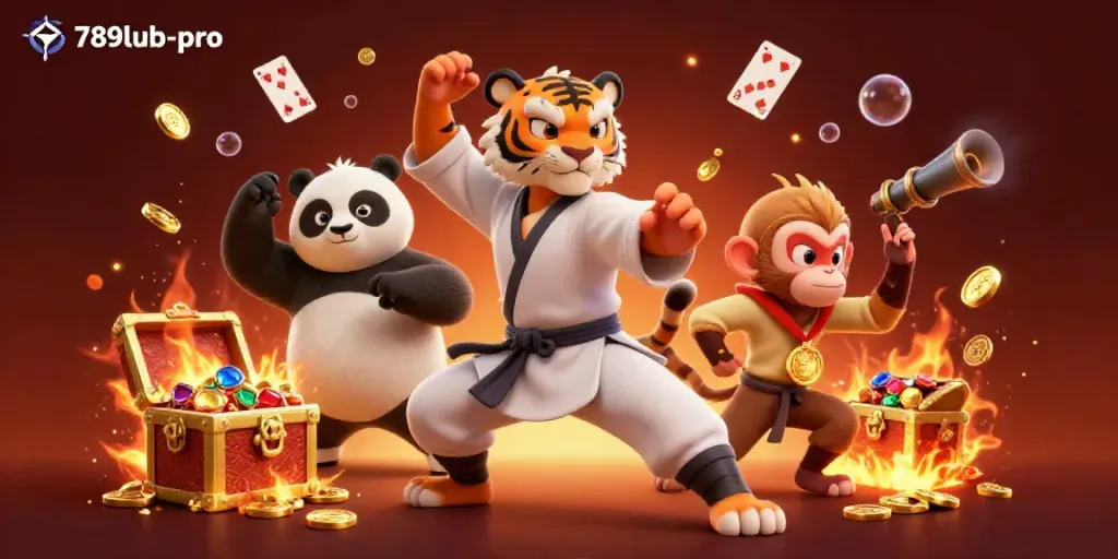 Experience the thrill of 789lub-pro with this vibrant 3D illustration featuring a kung fu tiger master amidst treasure and casino elements.