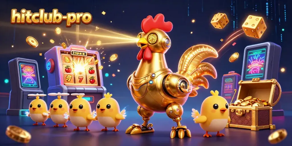 hitclub-pro showcases thrilling golden rooster robot and baby chicks in a vibrant casino scene