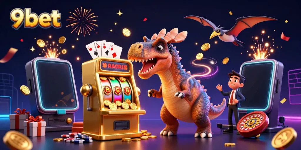 Engaging scene of 9bet featuring a dinosaur interacting with a slot machine amidst dynamic casino elements.