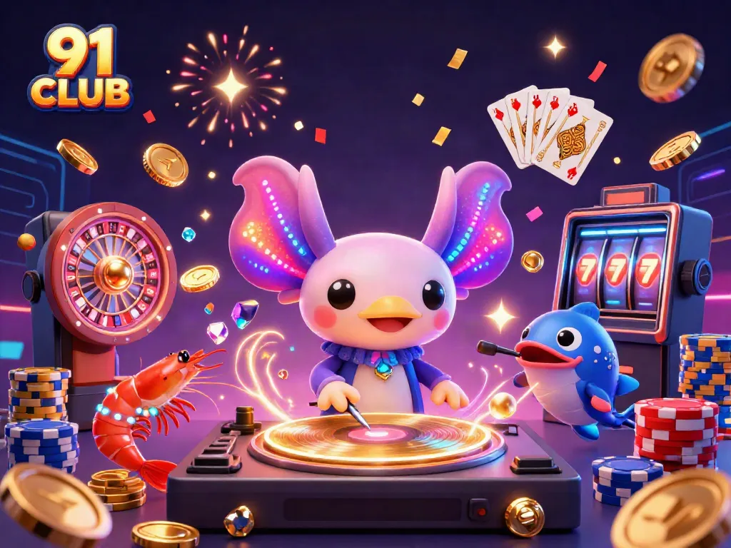 Experience the vibrant gaming atmosphere of 91 CLUB with colorful characters and dynamic elements.