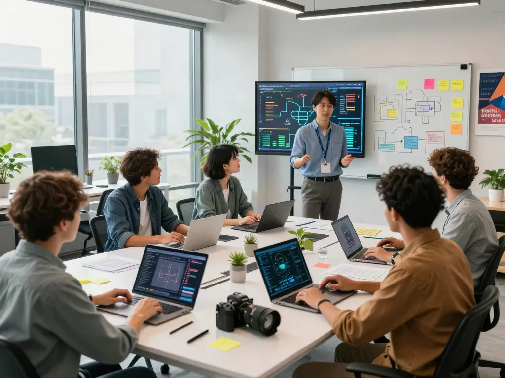 An innovative team collaborating on technology projects at istana404 in a modern office environment.