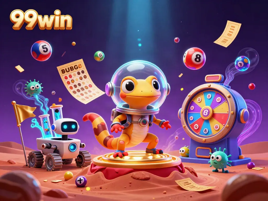 Experience vibrant 99win action with cartoon gecko and casino elements on Mars, showcasing exciting games.