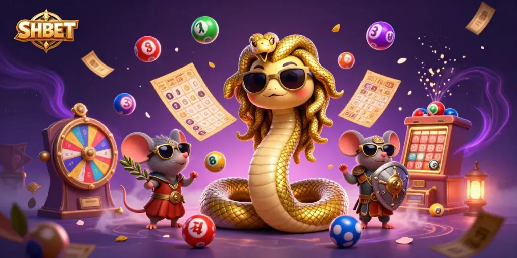 Experience excitement and winnings with SHBET in a vibrant lottery-themed illustration packed with playful elements.